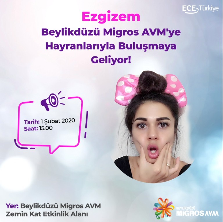 Ezgi Gizem 1 Şubat Cumartesi günü Beylikdüzü Migros AVM'ye hayranlarıyla buluşmaya geliyor! Bu eğlenceli buluşmayı kaçırmayın! #bmigrosavm