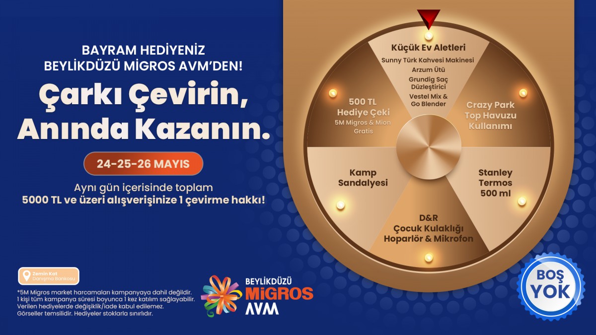 Beylikd&uuml;z&uuml; Migros AVM 24-25-26 Mayıs Kurban Bayramı Anında Kazan  Hediye &Ccedil;arkı Kampanyası Katılım Koşulları