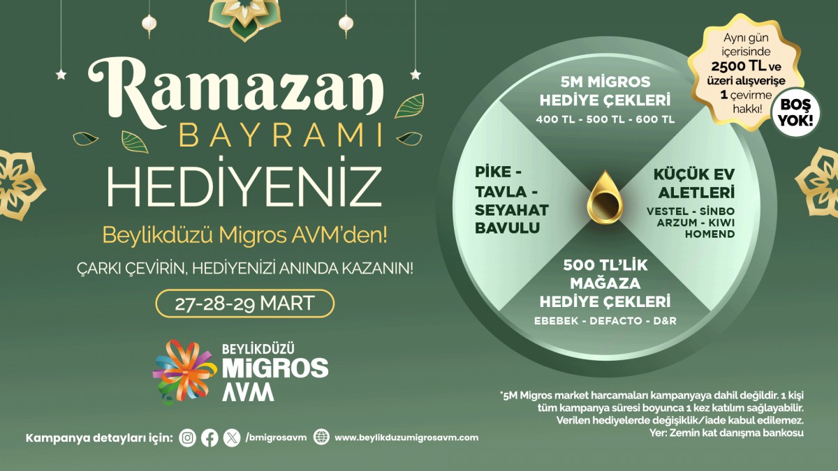 Beylikdüzü Migros AVM 27-28-29 Mart Anında Kazan Hediye Çarkı Kampanyası Katılım Koşulları