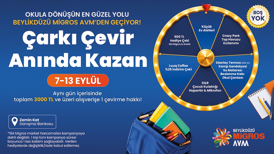 Beylikd&uuml;z&uuml; Migros AVM 7-13 Eyl&uuml;l Okula D&ouml;n&uuml;ş Anında Kazan  Hediye &Ccedil;arkı Kampanyası Katılım Koşulları