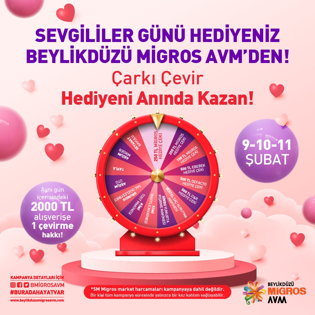  Beylikdüzü Migros AVM 9-10-11 Şubat Anında Kazan Hediye Çarkı Kampanyası Katılım Koşulları